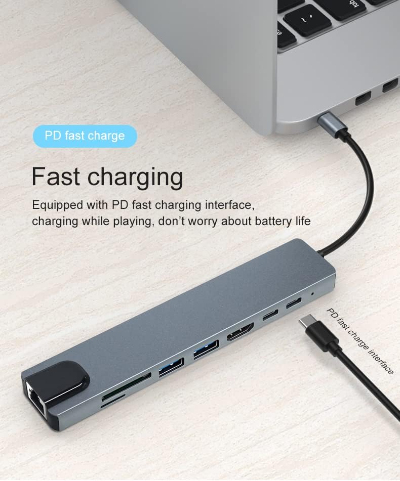 New USB C Hub, 8 in 1 USB C Hub Multifunctional Docking Station, Multiport Adapter w/Gigabit Ethernet, 100W PD, HDMI 4K, 3.0 USB, USB C Data Port, SD/TF Card Reader, Dongle Docking Station for Laptop