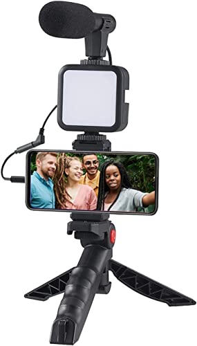 Video Microphone Vlogging Kit- Portable Studio Video Recording Microphone with Foldable mic Stand and Selfie Stick, Smartphone Camera Video Recording with 3 Brightness Level LED Light vlog