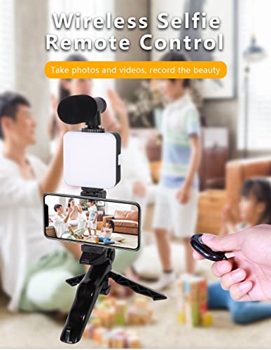 Video Microphone Vlogging Kit- Portable Studio Video Recording Microphone with Foldable mic Stand and Selfie Stick, Smartphone Camera Video Recording with 3 Brightness Level LED Light vlog