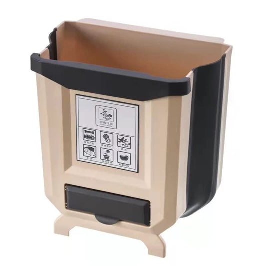 Kitchen Trash Cans Foldable Square Dustbin Household Garbage Collapsible Hanging Plastic Trash Can 2.4 Gallon Trash Bin For Cabinet Door Car Bedroom Bathroom Office Dorm Room Bathroom Office (Brown)