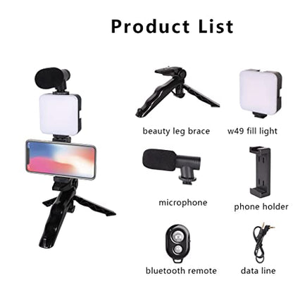 Video Microphone Vlogging Kit- Portable Studio Video Recording Microphone with Foldable mic Stand and Selfie Stick, Smartphone Camera Video Recording with 3 Brightness Level LED Light vlog