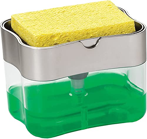 Kitchen Soap Dispenser with Sponge Holder - Samadex Countertop Kitchen Soap Dispenser, Sink Dish Washing 13 Ounces, Dish Soap Dispenser with Caddy - No More Messy Spills (Grey)