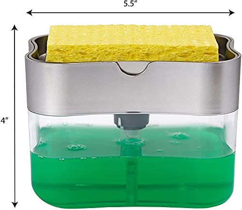 Kitchen Soap Dispenser with Sponge Holder - Samadex Countertop Kitchen Soap Dispenser, Sink Dish Washing 13 Ounces, Dish Soap Dispenser with Caddy - No More Messy Spills (Grey)