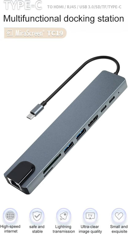 New USB C Hub, 8 in 1 USB C Hub Multifunctional Docking Station, Multiport Adapter w/Gigabit Ethernet, 100W PD, HDMI 4K, 3.0 USB, USB C Data Port, SD/TF Card Reader, Dongle Docking Station for Laptop