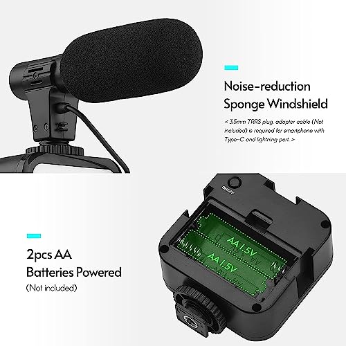Video Microphone Vlogging Kit- Portable Studio Video Recording Microphone with Foldable mic Stand and Selfie Stick, Smartphone Camera Video Recording with 3 Brightness Level LED Light vlog