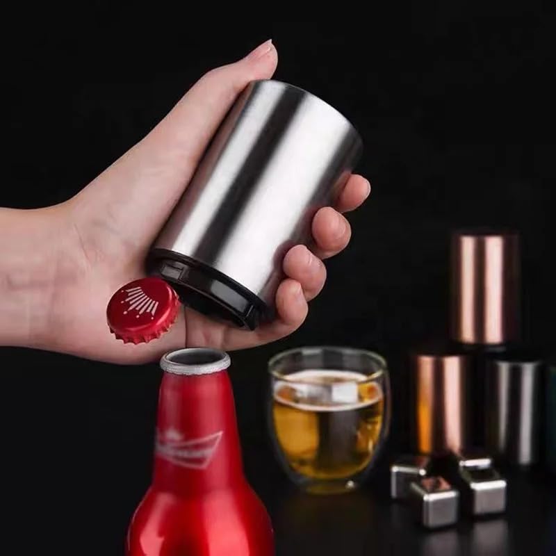 Premium Beer Bottle Opener,Automatic Bottle Openers, Stainless Steel Push Down Beer Opener, No Damage to Bottle Cap with Magnet,Portable Pop the Top Bottle Opener for Home Bars Camping Party (Red)