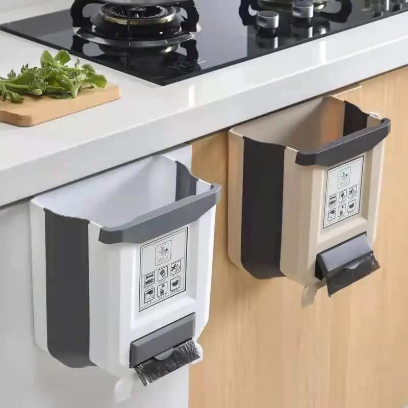 Kitchen Trash Cans Foldable Square Dustbin Household Garbage Collapsible Hanging Plastic Trash Can 2.4 Gallon Trash Bin For Cabinet Door Car Bedroom Bathroom Office Dorm Room Bathroom Office (Brown)