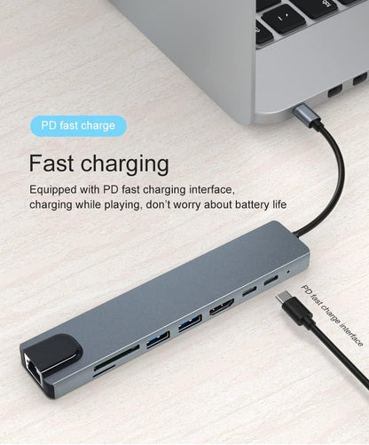 New USB C Hub, 8 in 1 USB C Hub Multifunctional Docking Station, Multiport Adapter w/Gigabit Ethernet, 100W PD, HDMI 4K, 3.0 USB, USB C Data Port, SD/TF Card Reader, Dongle Docking Station for Laptop