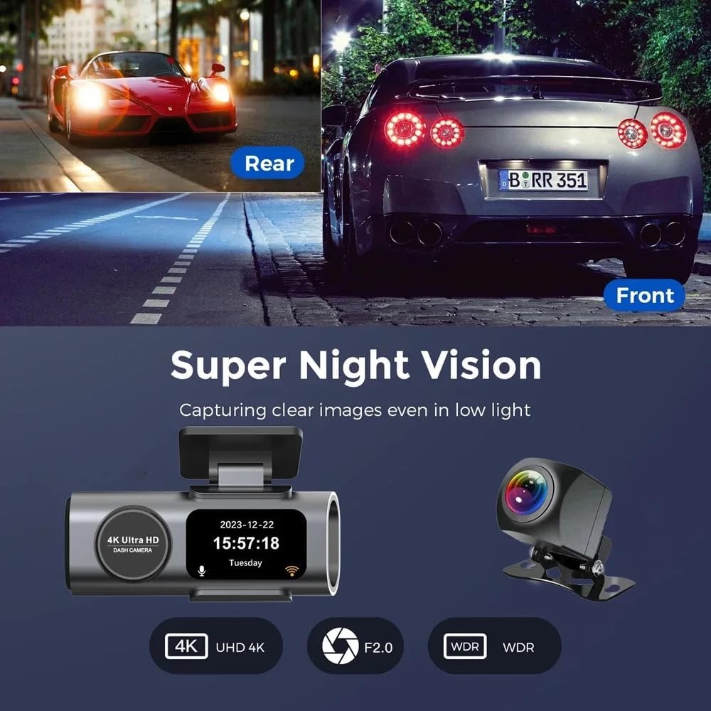 4K Dual Dash Cam WiFi, Mini Hidden Front and Rear Car Camera with Night Vision, Wide Angle, WDR, Loop Recording, G-Sensor, Parking Monitor