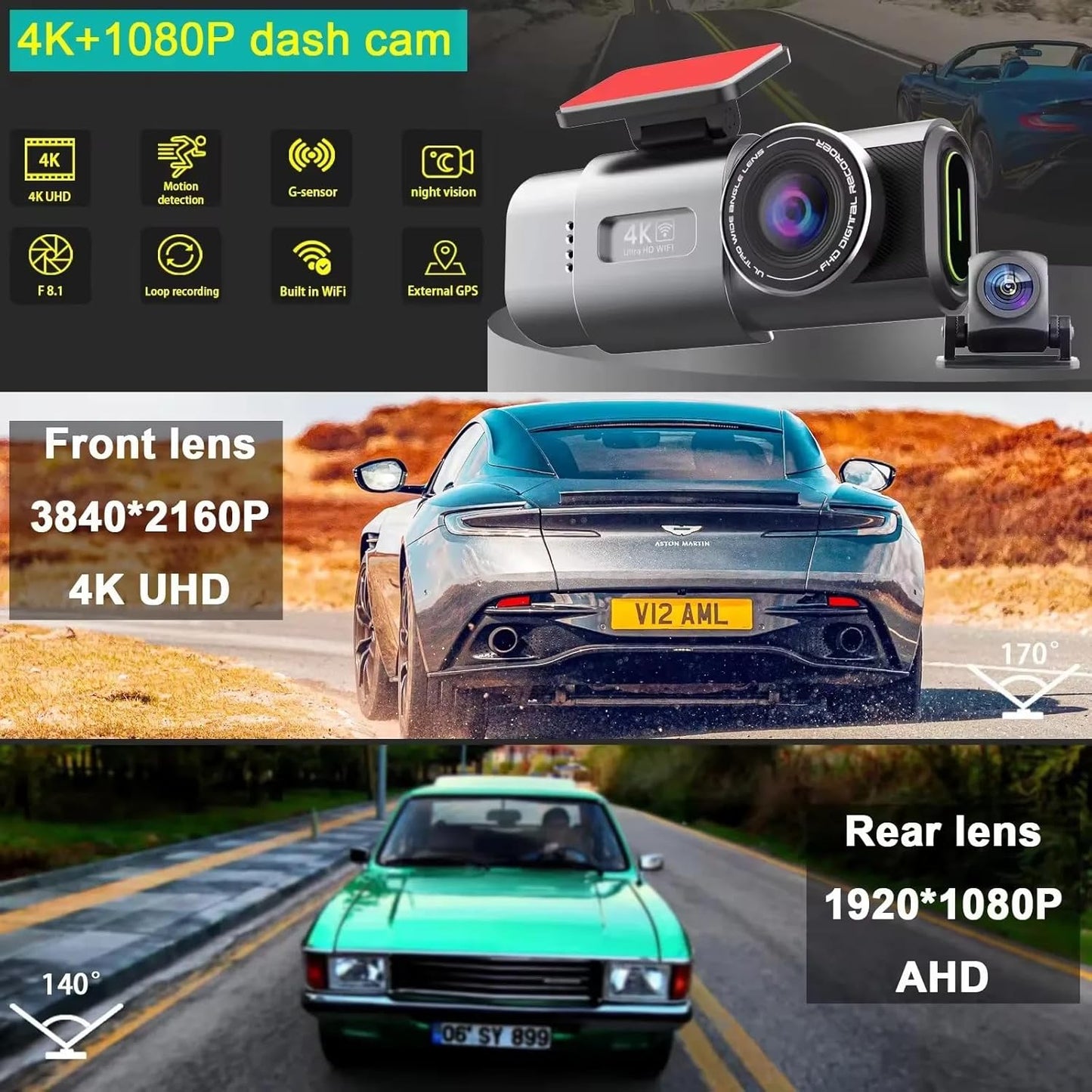 4K Dual Dash Cam WiFi, Mini Hidden Front and Rear Car Camera with Night Vision, Wide Angle, WDR, Loop Recording, G-Sensor, Parking Monitor