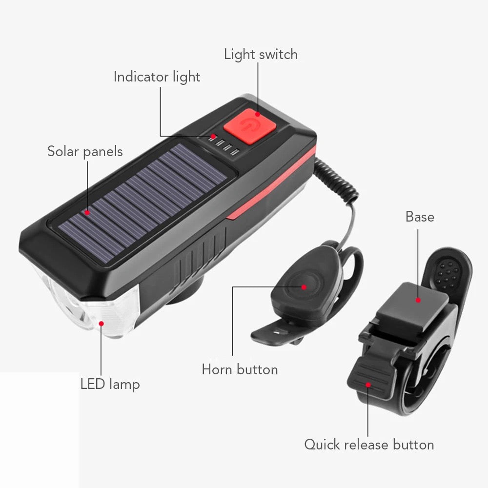 Solar USB Rechargeable Double Charging Horn Lamp
Waterproof 3 Modes Bicycle Headlight Bike Front Light with Power Indicator