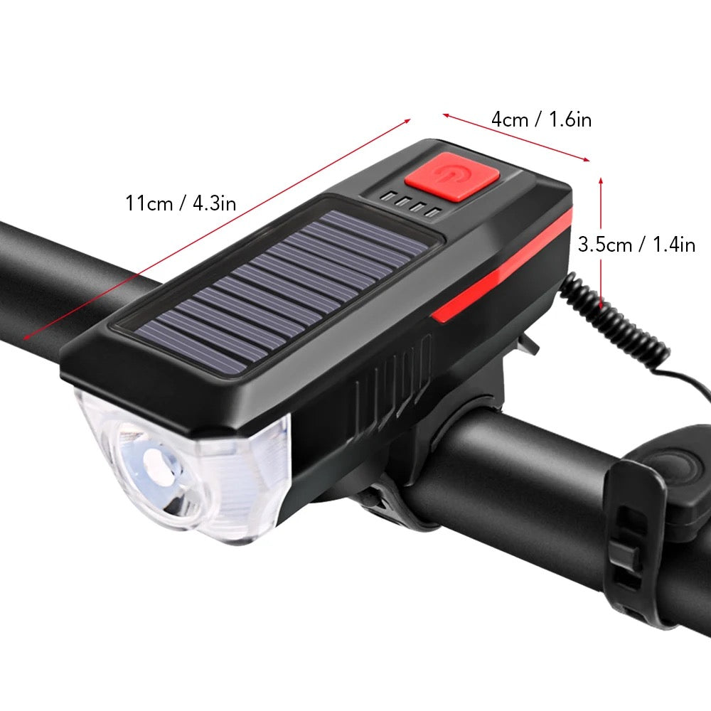 Solar USB Rechargeable Double Charging Horn Lamp
Waterproof 3 Modes Bicycle Headlight Bike Front Light with Power Indicator