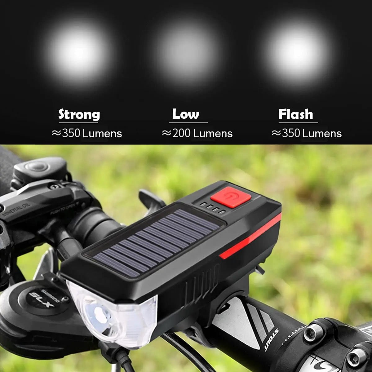 Solar USB Rechargeable Double Charging Horn Lamp
Waterproof 3 Modes Bicycle Headlight Bike Front Light with Power Indicator