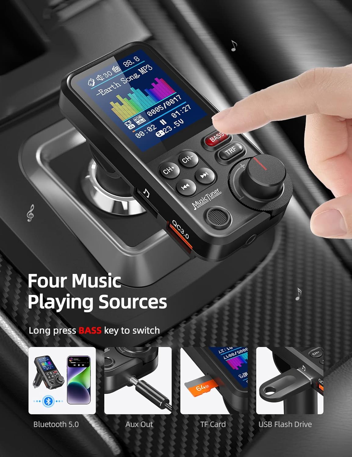 FM Bluetooth Transmitter for Car, Strong Microphone Bluetooth Car Adapter with 1.8" Color Screen for Hands Free Calls, Supports QC3.0 Charging, Treble and Bass Sound Music Player- BT93
