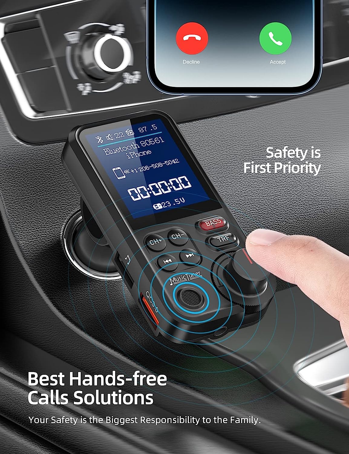FM Bluetooth Transmitter for Car, Strong Microphone Bluetooth Car Adapter with 1.8" Color Screen for Hands Free Calls, Supports QC3.0 Charging, Treble and Bass Sound Music Player- BT93