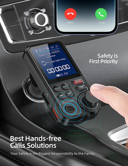 FM Bluetooth Transmitter for Car, Strong Microphone Bluetooth Car Adapter with 1.8" Color Screen for Hands Free Calls, Supports QC3.0 Charging, Treble and Bass Sound Music Player- BT93
