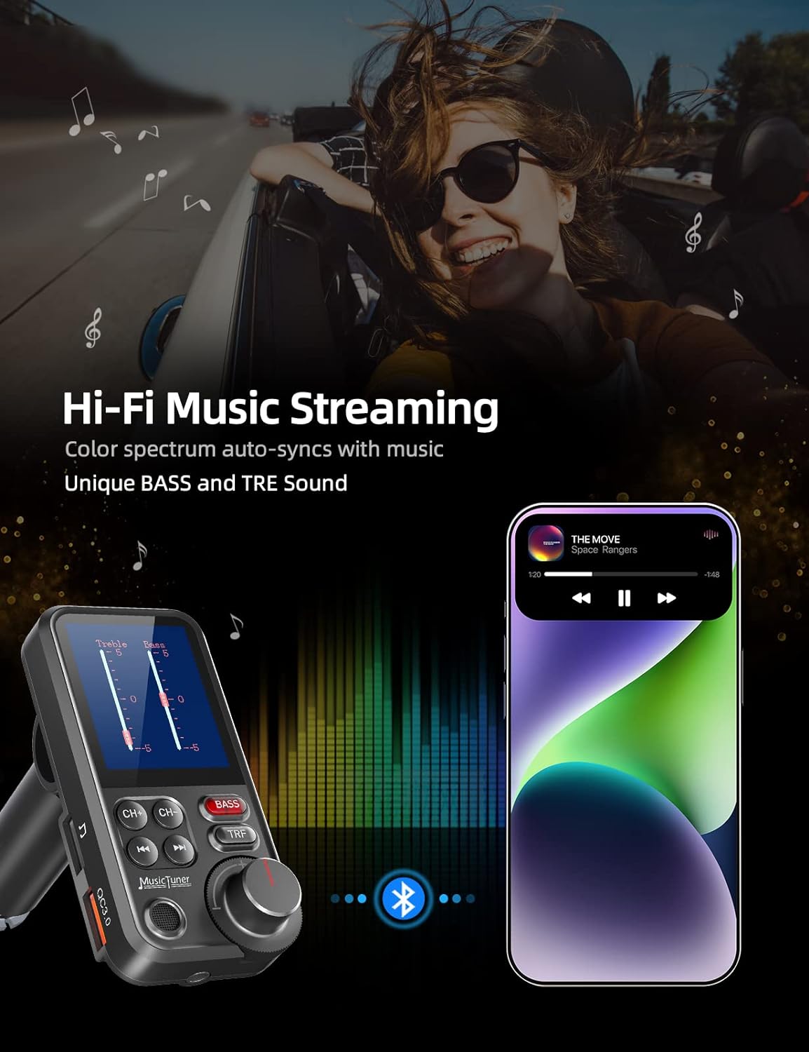 FM Bluetooth Transmitter for Car, Strong Microphone Bluetooth Car Adapter with 1.8" Color Screen for Hands Free Calls, Supports QC3.0 Charging, Treble and Bass Sound Music Player- BT93