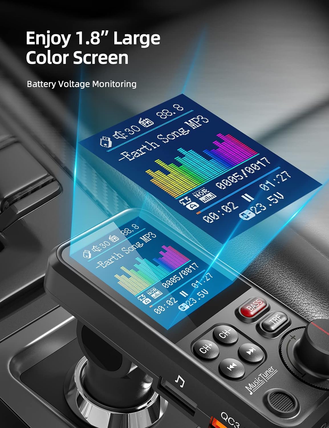 FM Bluetooth Transmitter for Car, Strong Microphone Bluetooth Car Adapter with 1.8" Color Screen for Hands Free Calls, Supports QC3.0 Charging, Treble and Bass Sound Music Player- BT93
