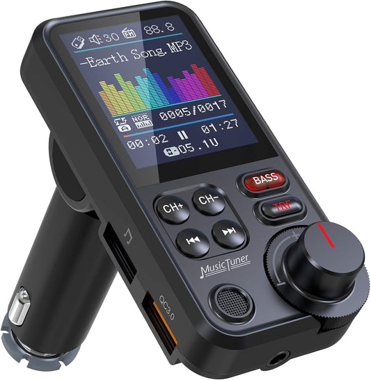 FM Bluetooth Transmitter for Car, Strong Microphone Bluetooth Car Adapter with 1.8" Color Screen for Hands Free Calls, Supports QC3.0 Charging, Treble and Bass Sound Music Player- BT93