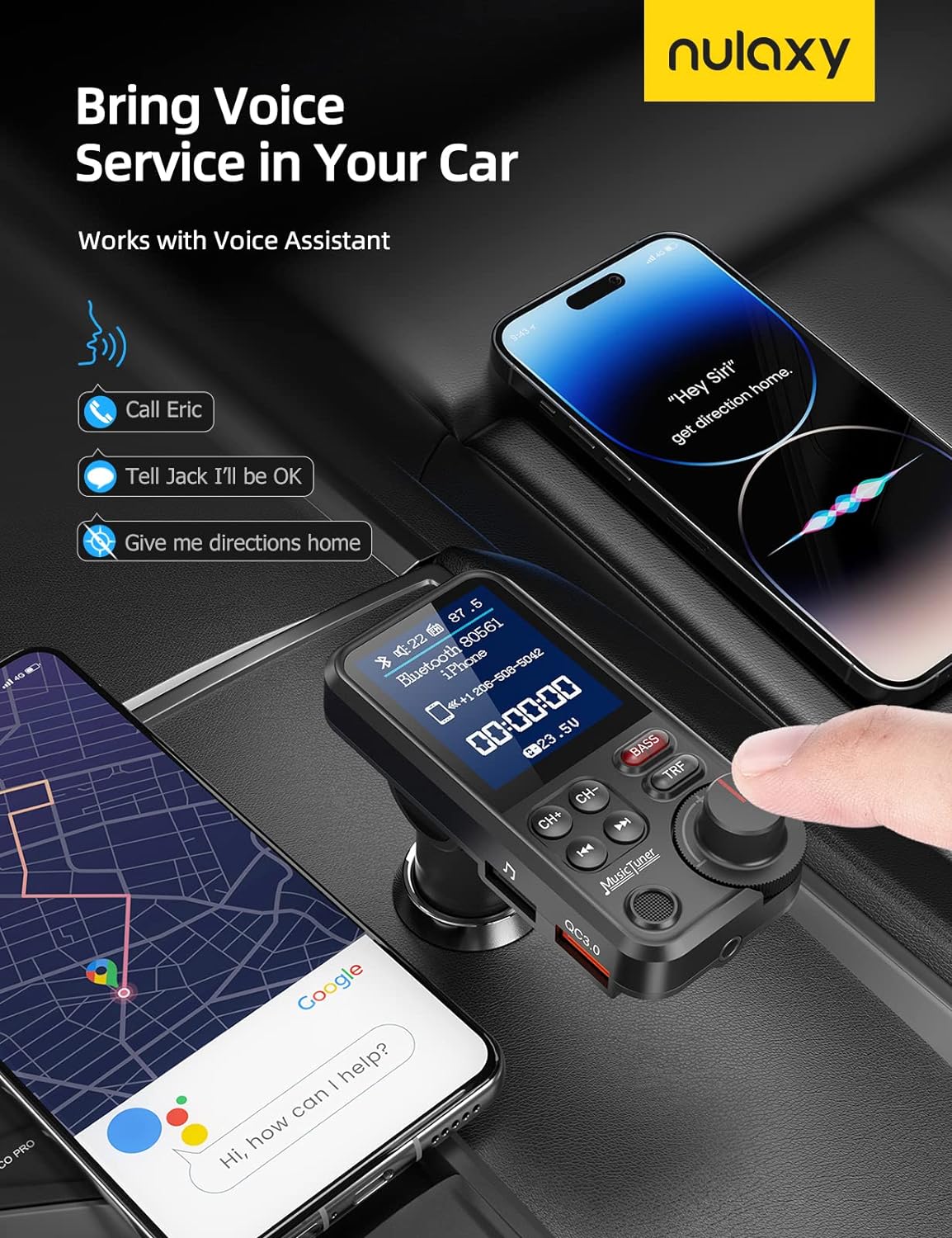 FM Bluetooth Transmitter for Car, Strong Microphone Bluetooth Car Adapter with 1.8" Color Screen for Hands Free Calls, Supports QC3.0 Charging, Treble and Bass Sound Music Player- BT93